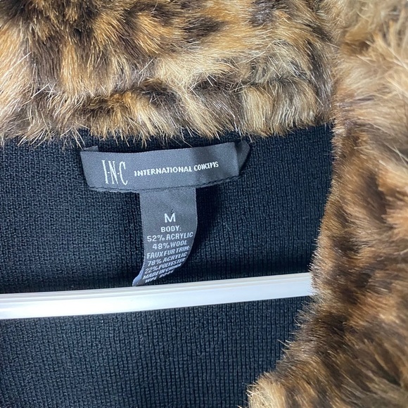 INC International Concepts Wool Blend Cardigan Sweater Fur Collar Black Size M - Picture 4 of 7